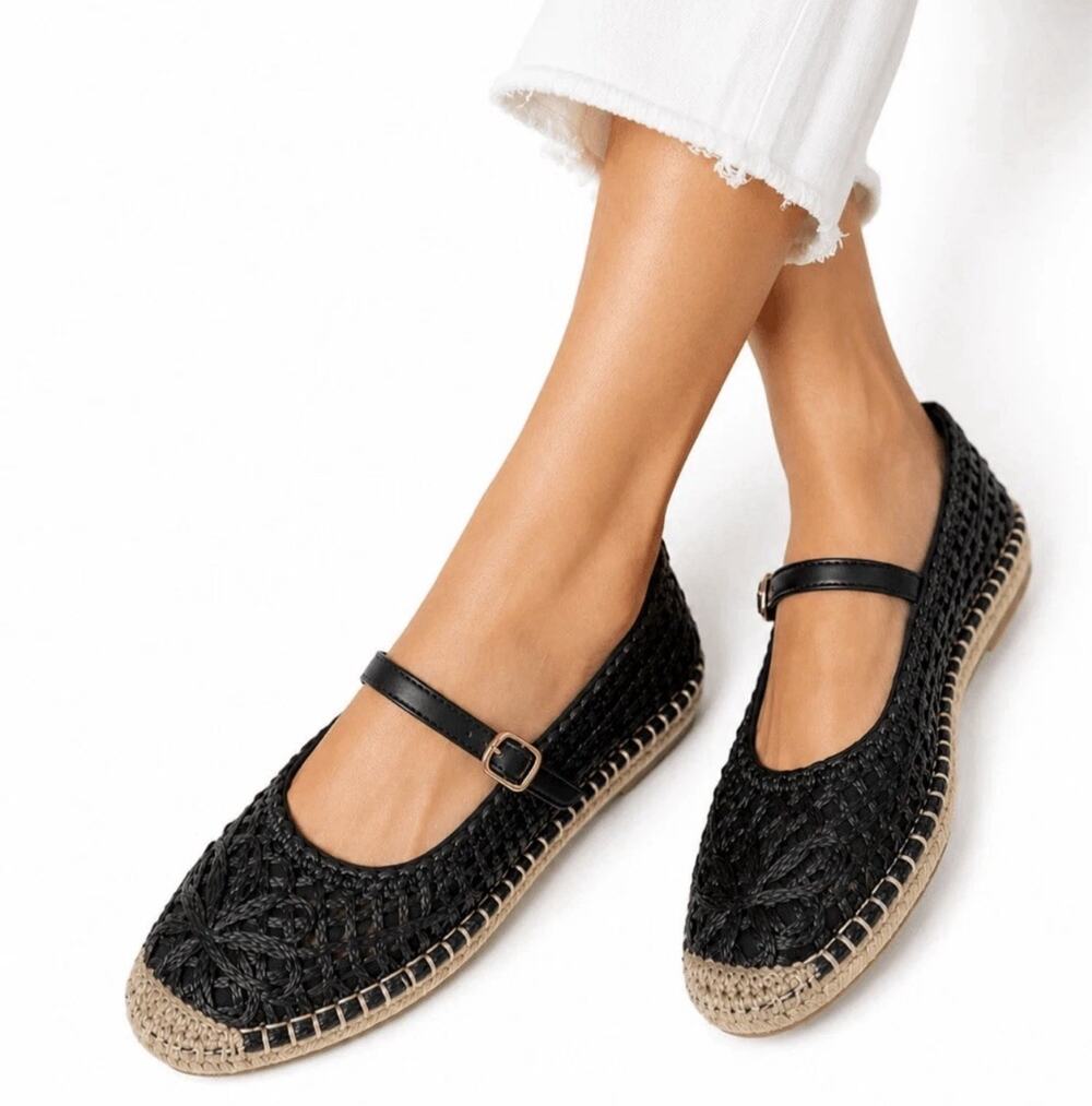 Woven Mary Jane Espadrille Flats Black Resortwear Coastal Chic Size 8